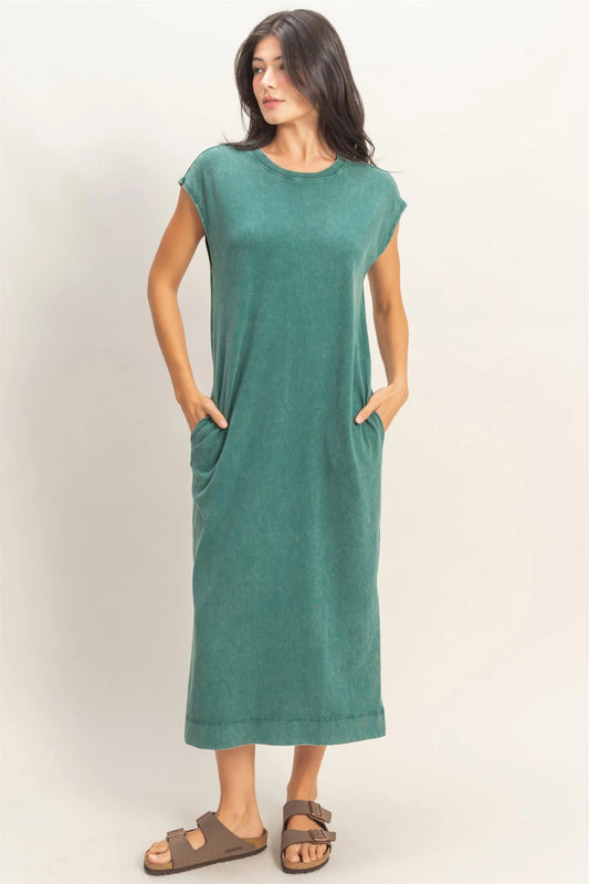 TEAL MINERAL WASHED CAP SLEEVE MIDI DRESS