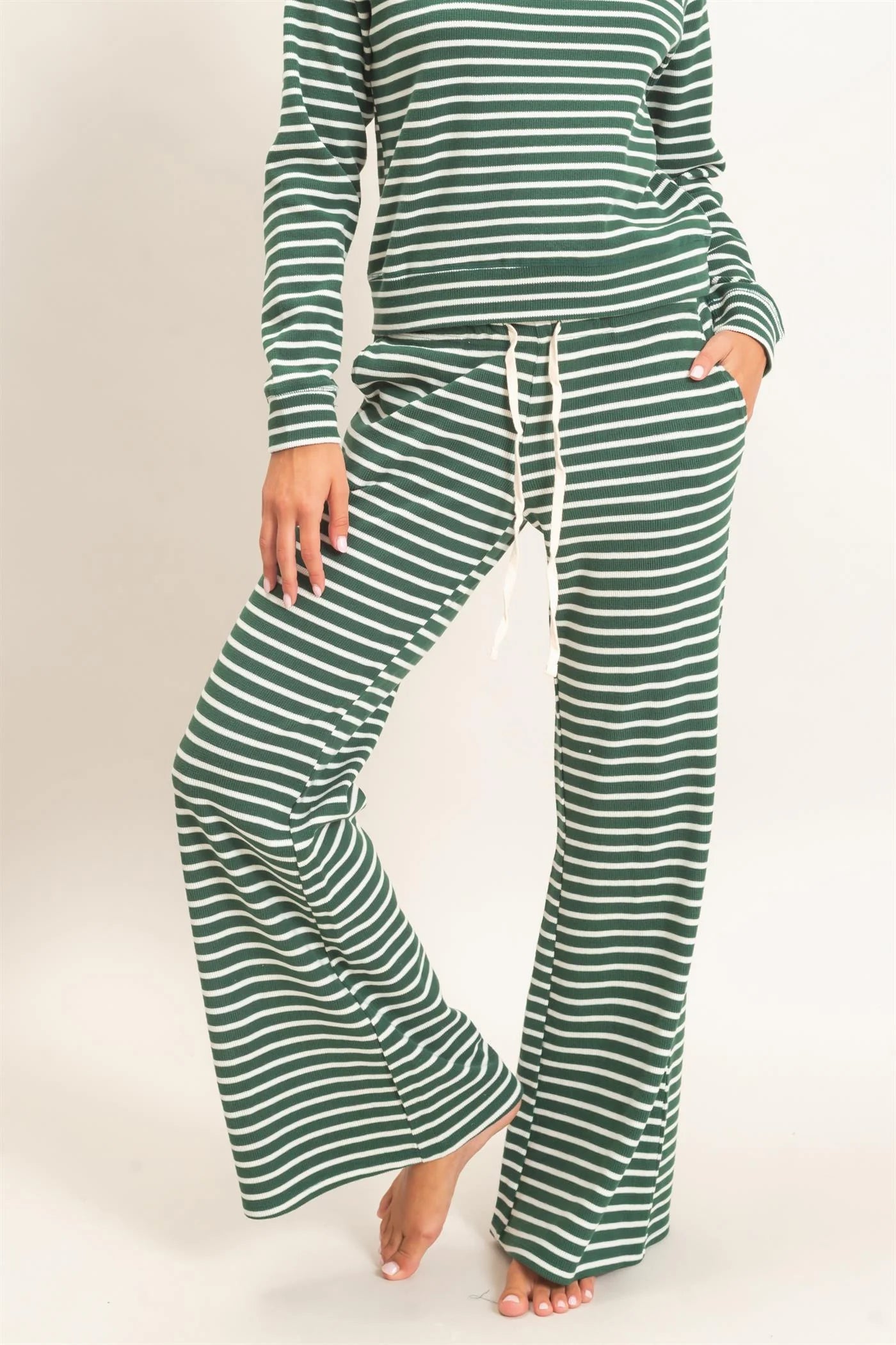 DARK GREEN STRIPED WAFFLE KNIT PANTS