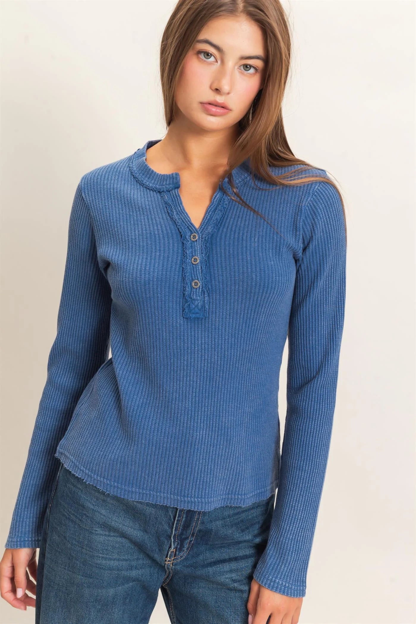 NAVY HENLEY LONG SLEEVE TOP