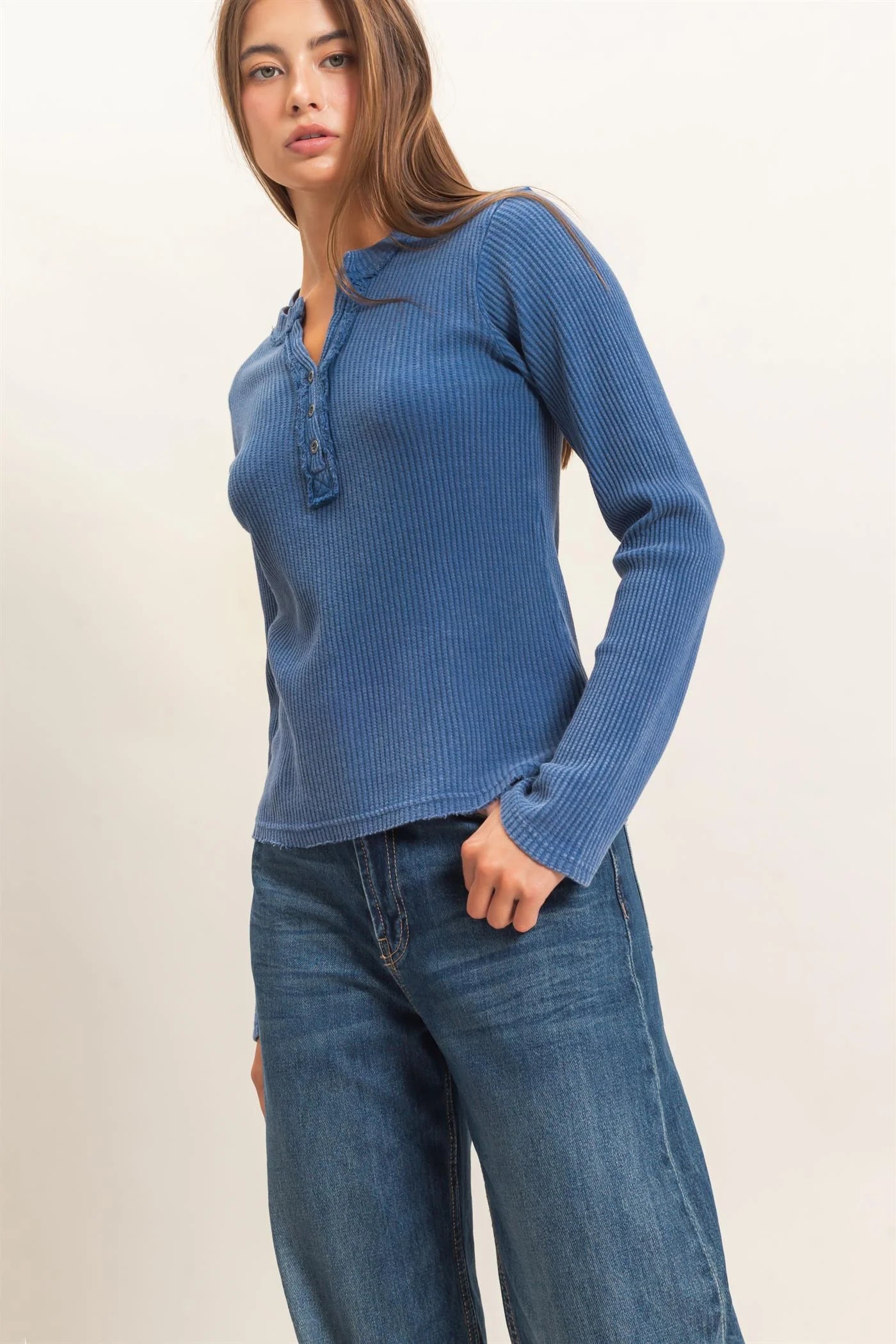 NAVY HENLEY LONG SLEEVE TOP