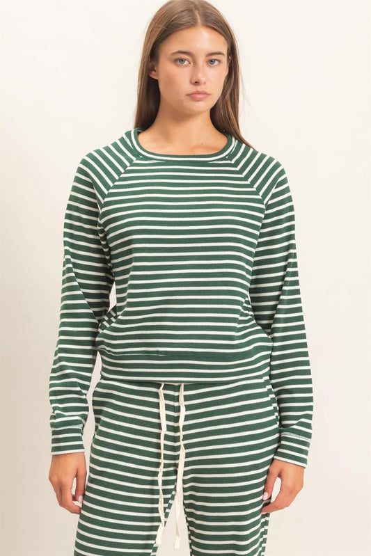 DARK GREEN STRIPED WAFFLE KNIT TOP