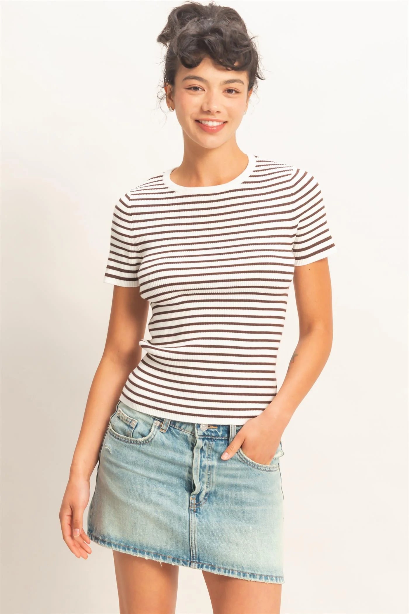 STRIPED RIBBED SHORT SLEEVE TOP - 2 COLORS
