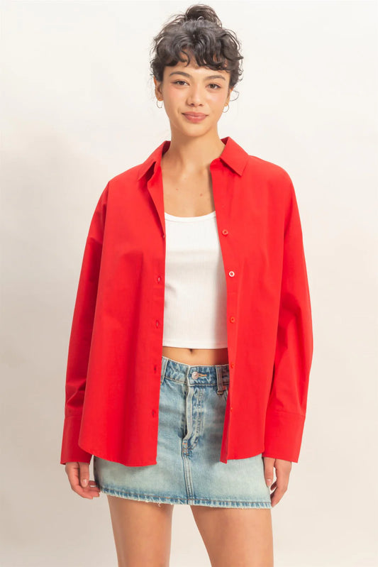 RED BUTTON UP POPLIN SHIRT