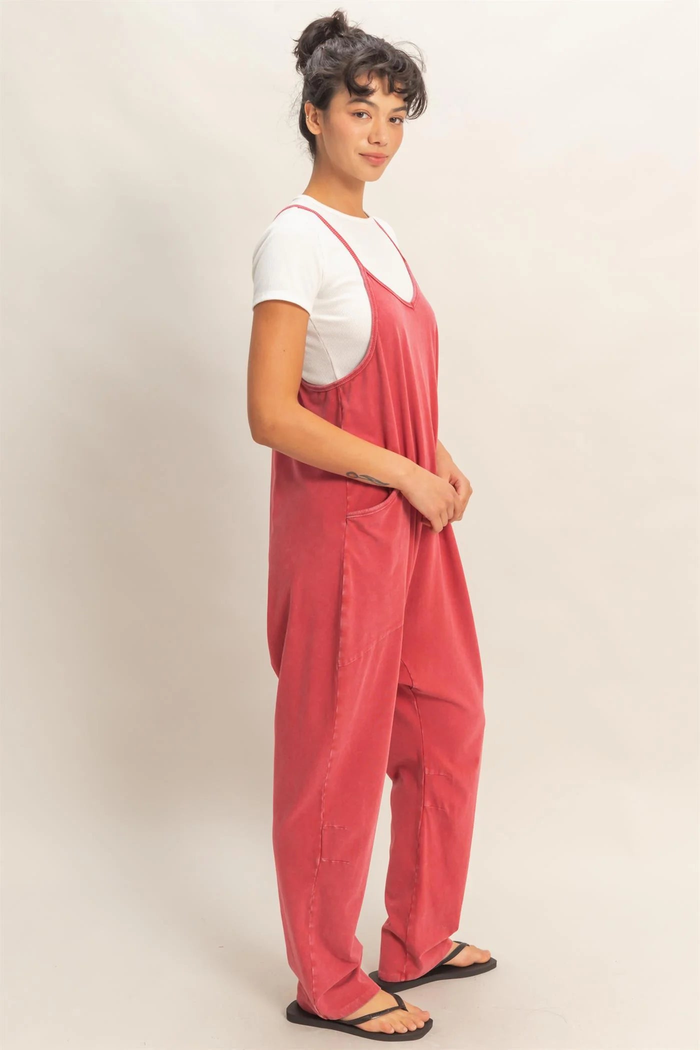 RED MINERAL WASHED JUMPSUIT