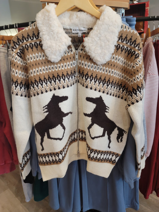 WESTERN HORSE PRINT KNIT ZIP UP JACKET