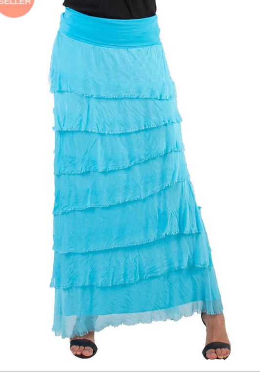 TURQUOISE SILK TIERED MAXI SKIRT